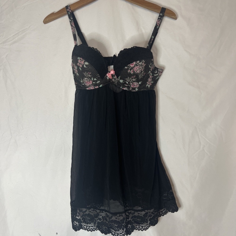 Adore Me Lingerie Babydoll Sz 32C Black Lace‎ Floral Underwire Push-Up Honeymoon
